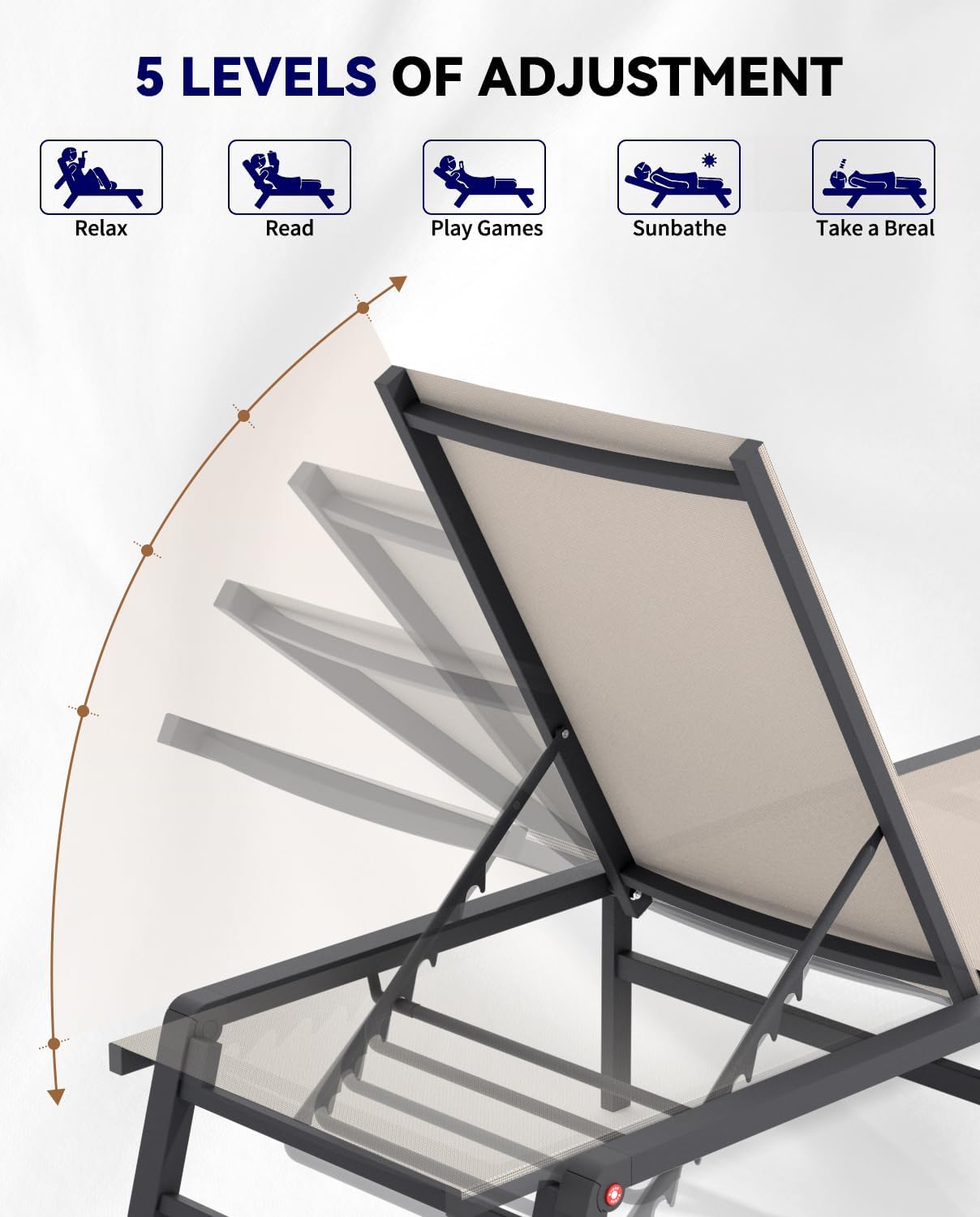 Aluminum Chaise Lounge Chair Outdoor, Foldable Patio Lounge Chair Assemble-Free, Pool Lounge Chairs with 5 Adjustable Backrest, Outdoor Lounge Chairs for Outside Poolside Beach Lawn Brown