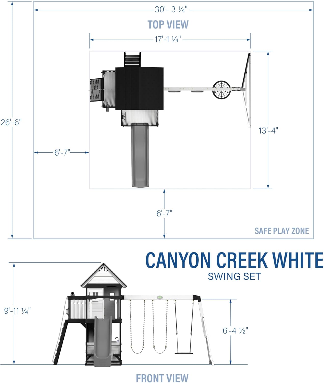 Backyard Discovery Canyon Creek White Cedar Wood Swing Set with Wave Slide, Clubhouse, Play Kitchen, Picnic Area, Belt Swings, Web Swing, Rock Wall, Balconies, Playhouse, Step Ladder, Outdoor Playset