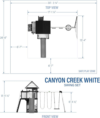 Backyard Discovery Canyon Creek White Cedar Wood Swing Set with Wave Slide, Clubhouse, Play Kitchen, Picnic Area, Belt Swings, Web Swing, Rock Wall, Balconies, Playhouse, Step Ladder, Outdoor Playset