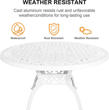 48" Round Patio Table for 6-8 Person Cast Aluminum Bistro Table with 2.36" Umbrella Hole,Metal Outdoor Dining Tables,Wrought Iron Patio Bistro Table,White Patio Table.