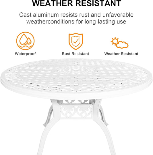 5 Piece Patio Dining Set Outdoor Patio Round Table and Chairs Set of 4 with Umbrella Hole,Cast Aluminum White Outdoor Bistro Dining Set, Patio Furniture Set for Garden,White
