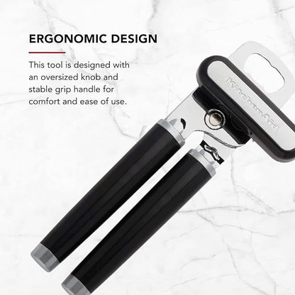 KitchenAid Classic Multifunction Can Opener and Bottle Opener Easy to Use, Razor Sharp Stainless Steel Cutting Wheel, Soft Ergonomic Handles, Black