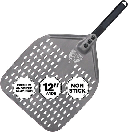 Perforated Pizza Peel - 12"x15" Anodized Aluminum Pizza Steel, 11" Handle, 26" Overall Length - Ideal Pizza Turning Peel for Pizza Oven, Brick Oven, Baking Bread