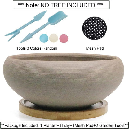 MUZHI Round Unglazed Ceramic Bonsai Pot with Bamboo Tray, Large Rough Pottery Succulent Planter with Drainage Hole 8 inch …