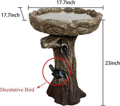 SunJet 23 Inch High Wood-Look Concrete Bird Bath with Decorative Faux Bird – Birdbath Rustic & Long-Lasting Design, Enhances Garden, Patio, Yard, Lawn Decor
