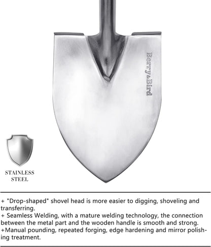 Berry&Bird Shovels for Digging, 43’’ Round Spade Heavy Duty Shovel with Wooden D Handle Stainless Steel Snow Shovel Garden Shovel Yard for Transplanting & Outdoor