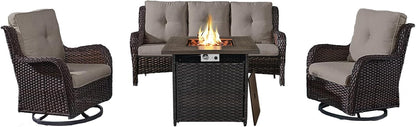Outdoor Patio Furniture Set with 50000BTU Propane Fire Pit Table, 4 Pieces Wicker Patio Conversation Set with 2 Swivel Rocker Glider Chairs Rattan Sofa Blue Cushion Perfect for Casual Gathering
