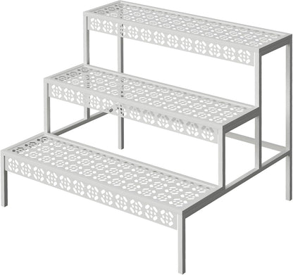 aboxoo 3 Tiers Metal Plant Stand,Rectangular Ladder Flower Pots Outdoor Plant Rack, Indoor Plant Display Rack, Heavy Duty Utility Storage Organizer for Home Garden Patio Balcony, Stair Style(White)
