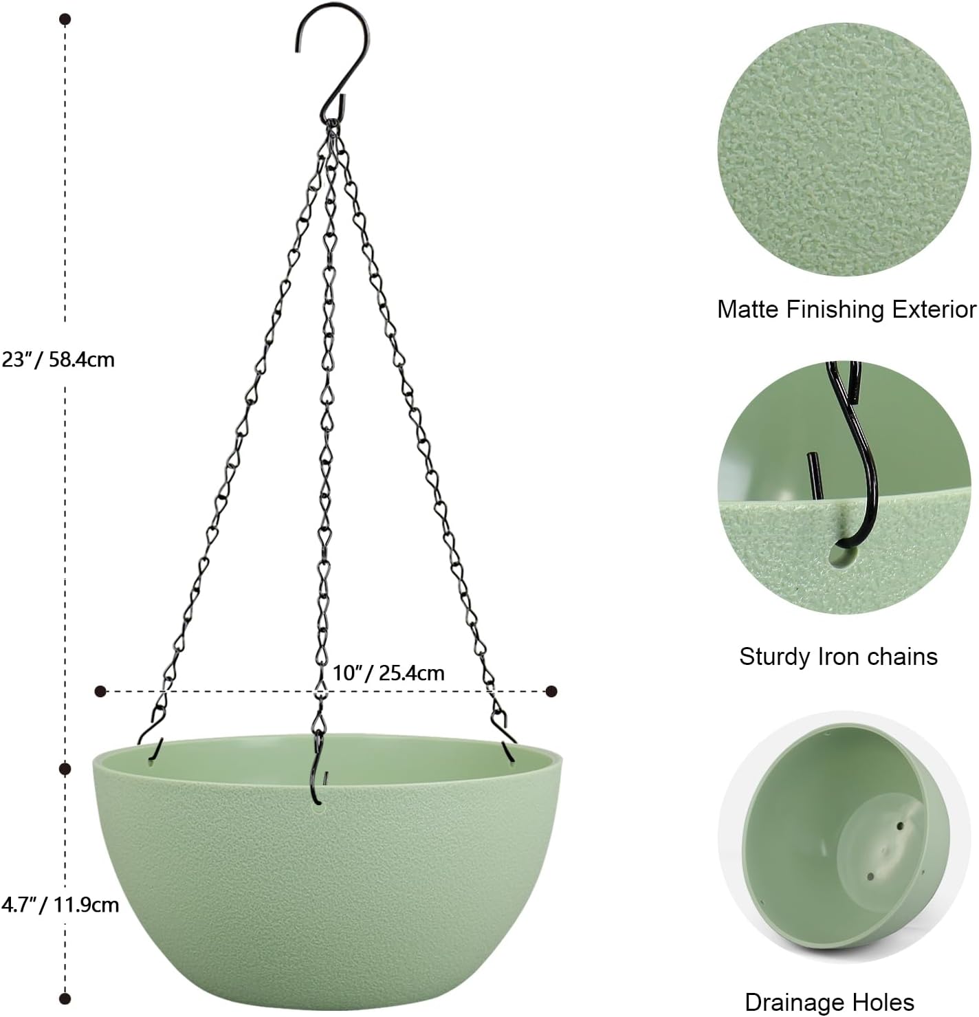 10 inch Hanging Planters Plant Pots for Indoor Outdoor Plants, 2 Pack Hanging Flower Pots with Drainage Holes and Chain for Garden Porch, Plastic Hanging Baskets for House Plants, Green