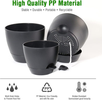 10/9/8 inch Self Watering Pots, Set of 3 Plastic Planters with Mesh Drainage Holes and Deep Reservoir for Indoor Outdoor Garden Plants and Flowers, Black