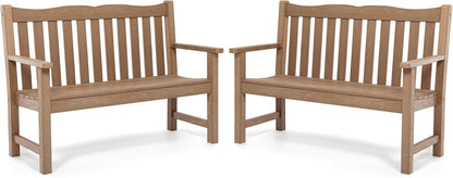 Outdoor Benches Set of 2, 2-Person Poly Lumber Garden Bench, Never Rot or Fade, Looks Like Real Wood, Teak