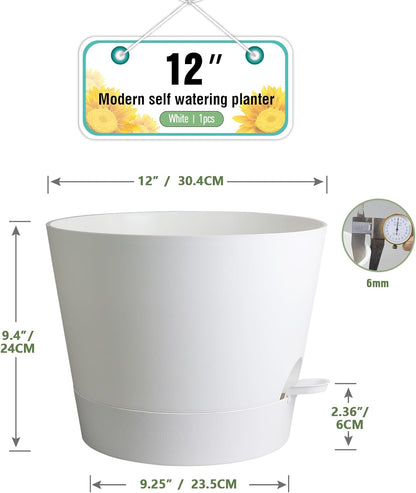 12 inch Large Self Watering Pots for Indoor Outdoor Plants, Flower Plant Pots with Mesh Drainage Holes for Garden House, Plastic Planters with Reservoir for Home, White