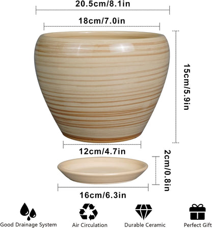Planter 8 Inch - Indoor/Outdoor Ceramic Plant Pot With Drainage Hole and Saucer, Round Modern Flower Planter for Succulents, House, Patio - Yellow