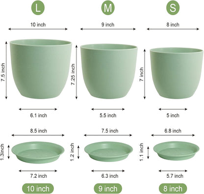 Medium Plant Pots 10/9/8 inch, Flower Pots for Indoor Outdoor Plants, Set of 3 Modern Decorative Plastic Planters with Drainage Holes and Saucers for House Porch Garden Plants, Green