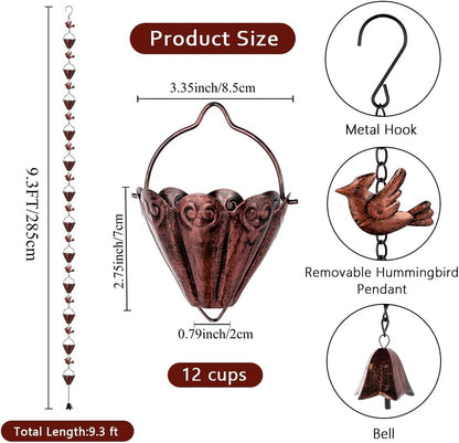 9.3 FT Rain Chain, Metal Rain Gutter Chains with 12 Cups & Detachable Hummingbird Decor, Adjustable Rain Catcher Chain with Bell for Outdoor Decor, Replacement for Downspout