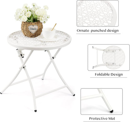 TeoKJ Folding Outdoor Side Tables, Anti Rust Small Patio Table Round Metal Nightstand with Flower Cutouts for Porch Yard Balcony Deck Lawn, White