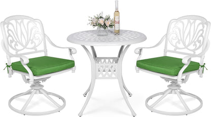 VIVIJASON 3-Piece Patio Furniture Dining Set, Outdoor All-Weather Cast Aluminum Bistro Set, Include 2 Swivel Chairs and 31" Round Table w/Umbrella Hole for Balcony, Lawn, Garden, Backyard, White