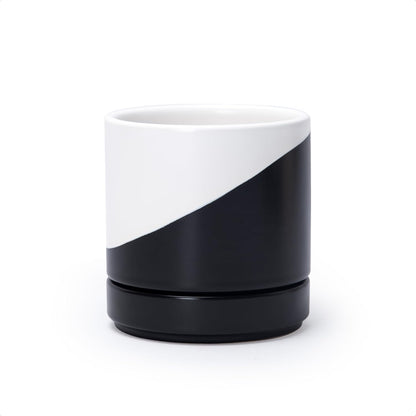 D'vine Dev 4.7 Inch Ceramic Planter Pot with Drainage Hole and Saucer, Indoor Cylinder Round Planter Pot, Oblique Monochrome Black and White, 94-O-B-K