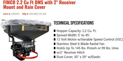 FIMCO 5302957 (ATV-DMS-12V-2RC) 2.2 cu ft ATV/UTV Dry Material Spreader with 2" Receiver Mount & Rain Cover Bundle with DU-Most Heavy-Duty Walnut Hand Scrub & Cleaner, 16 oz