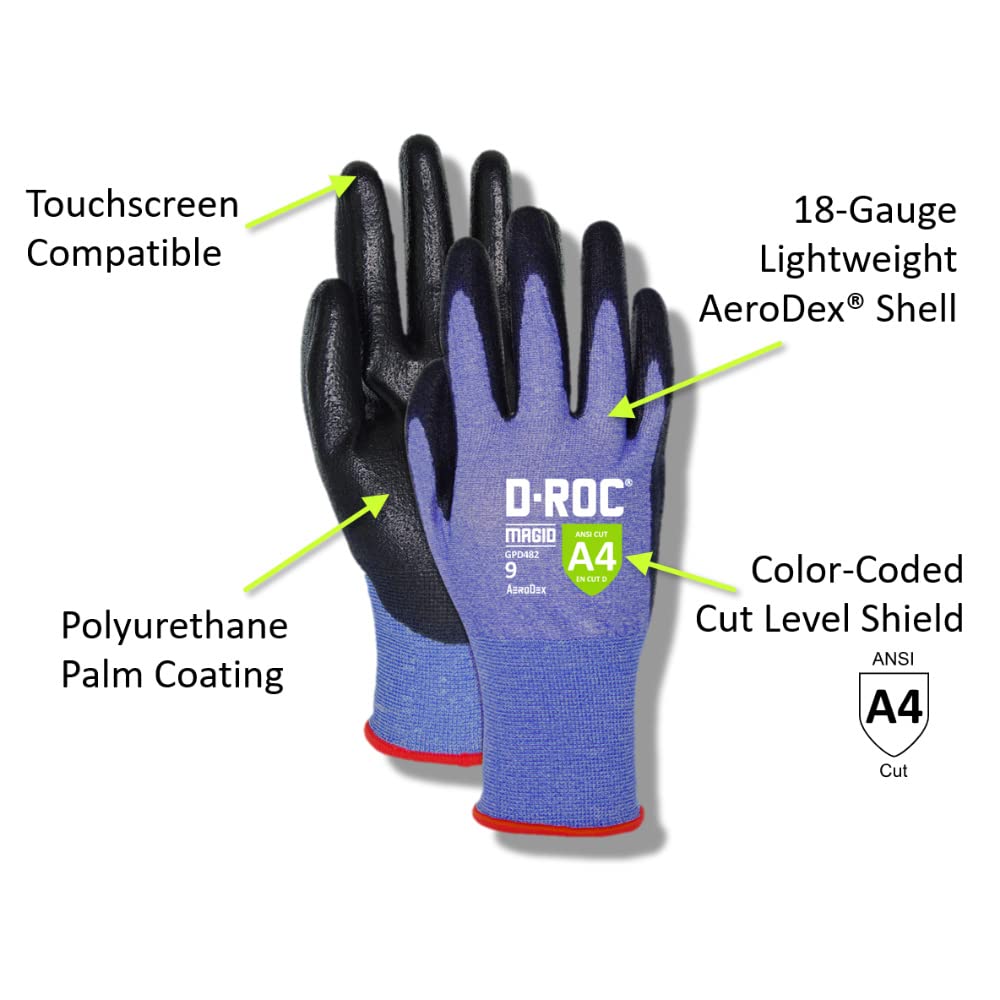 MAGID D-ROC ANSI A4 AeroDex Polyurethane Palm Coated Work Gloves, 1 Pair, Size 5/2XS, GPD482