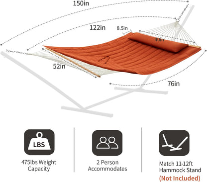 Outdoor Double Hammock with Hardwood Spreader Bars, Large Rope Hammock with Polyester Pad and Pillow, 475 LBS Capacity for 2 Person Patio Backyard Poolside - Terracotta