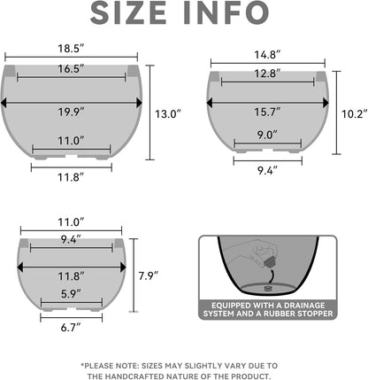 Kante 19.9",15.7",11.8" Dia Round Concrete Planter Set of 3, Outdoor/Indoor Large Bowl Plant Pots with Drainage Hole and Rubber Plug for Garden Patio Balcony Home, Black
