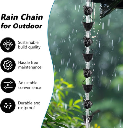 9.2 FT Rain Chain, Black Rain Gutter Chains with 12 Cups & Detachable Ladybugs Decor, Adjustable Rain Catcher Chain for Outddor Decor, Replacement for Downspout
