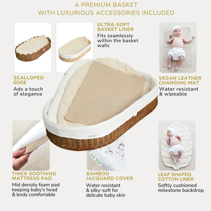 BEBE BASK Premium Baby Changing Basket - Artisan-Crafted Scalloped Rattan - Changing Basket for Baby Dresser - All Accessories Included - Complete Set for Nursery (Mocca)