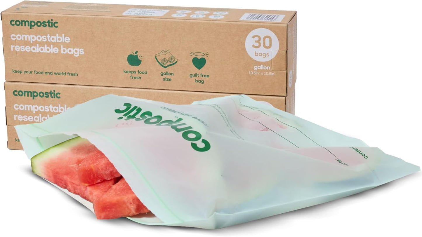 Home Compostable Resealable Gallon Bags (10.5"x10.5"), Microwave & Freezer Safe, Organic Food Storage Container, 30 Count (Pack of 2)