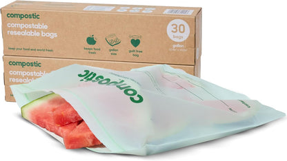 Home Compostable Resealable Gallon Bags (10.5"x10.5"), Microwave & Freezer Safe, Organic Food Storage Container, 30 Count (Pack of 2)
