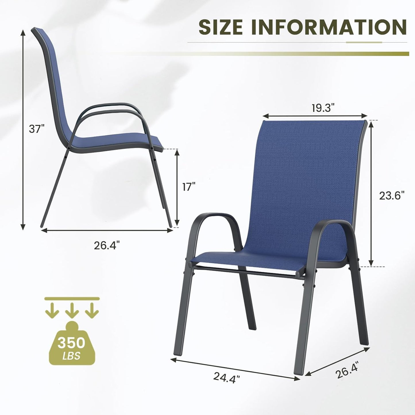 UDPATIO Patio Chairs Set of 2, Stackable Outdoor Dining Chairs with High Back, Breathable Textilene Fabric Outdoor Chair All Weather, 350LBS Capacity for Garden, Backyard (Blue)