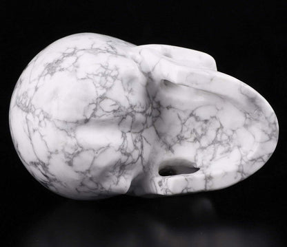 Skullis 5.0" Howlite Crystal Skull, Hand Carved Gemstone Fine Art Sculpture, Reiki Healing Stone Statue.