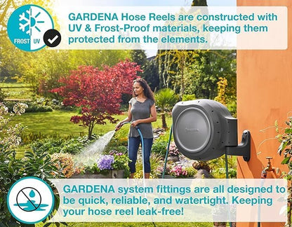 GARDENA 20502, Retractable Garden Hose Reel 75' x 1/2" hose, Wall Mounted, Automatic Retraction & Length Lock for Easy Watering. Heavy Duty Swivel Bracket 180°, Includes Nozzle. Made in Europe