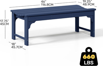 Outdoor Benches Weatherproof, All Weather Resistant Park Bench Poly Lumber Backless Garden Bench Seat for Entryway Front Porch, Navy Blue