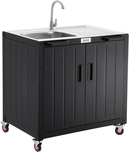 Freestanding Grill Cart with Sink and Cabinet, Movable Outdoor Cart Table with 304 Stainless Steel Sink, Outdoor Grill Cart,Outdoor Grill Station with Wheels, L35.4” x W24”