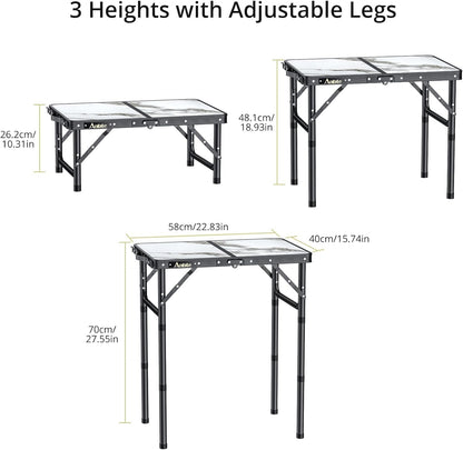 Folding Camping Table with Storage Net, 3 Adjustable Height Max 27.5" Aluminum Small Folding Table, Portable Table with Carry Handle, Lightweight, for Outdoor Indoor Travel Camping Picnic