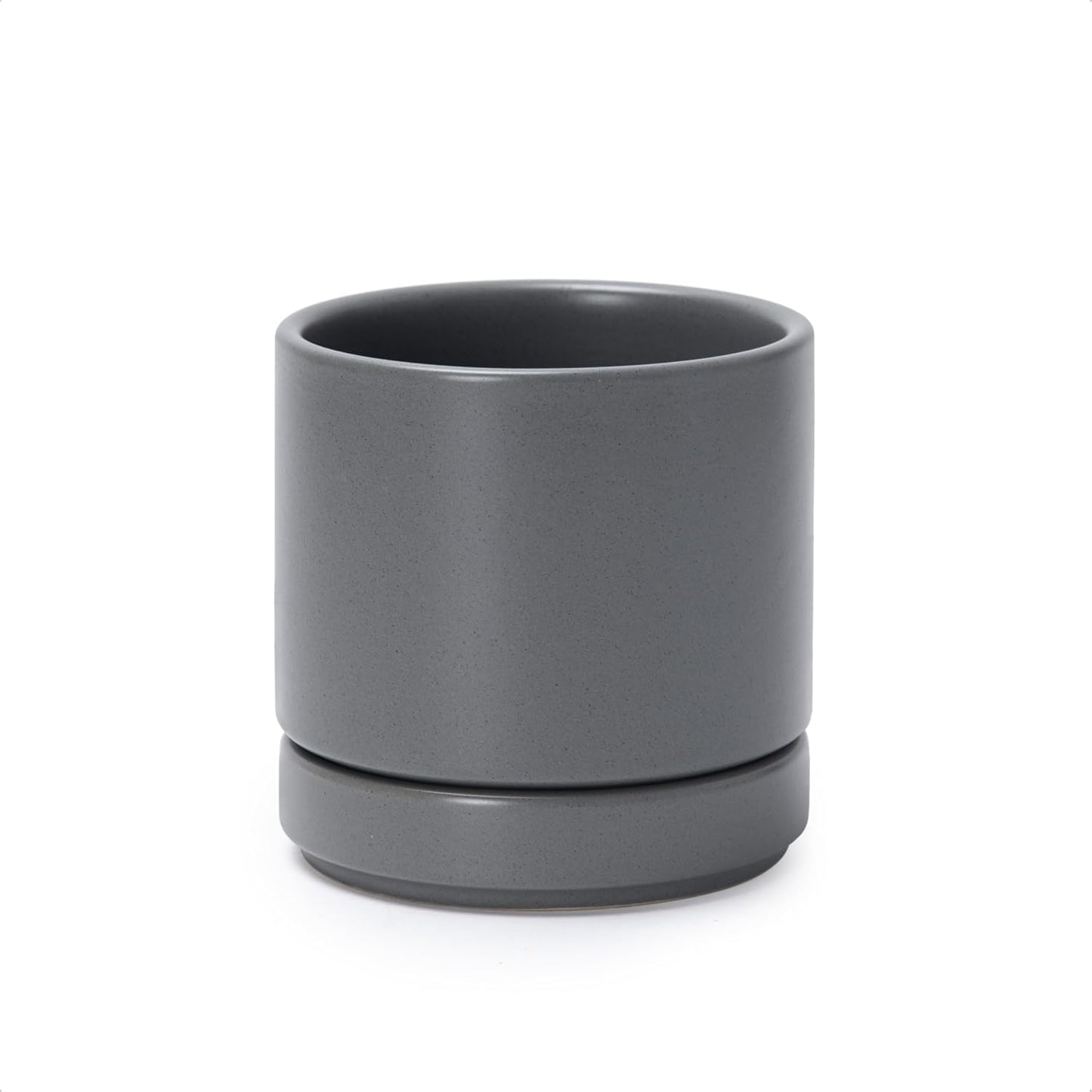 D'vine Dev 4.7 Inch Ceramic Planter Pot with Drainage Hole and Saucer, Indoor Cylinder Round Planter Pot, Grey, 94-O-B-3