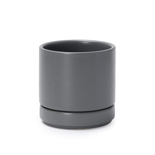 D'vine Dev 4.7 Inch Ceramic Planter Pot with Drainage Hole and Saucer, Indoor Cylinder Round Planter Pot, Grey, 94-O-B-3
