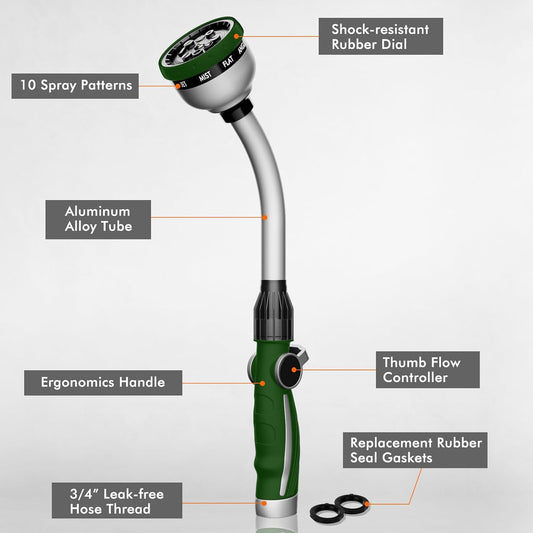 RESTMO Watering Wand Heavy Duty, Metal Garden Hose Wand with 10 Spray Patterns, 15-Inch Long Hose Nozzle Sprayer with Thumb Flow Control, Ideal to Water Hanging Baskets and Shrubs, Green