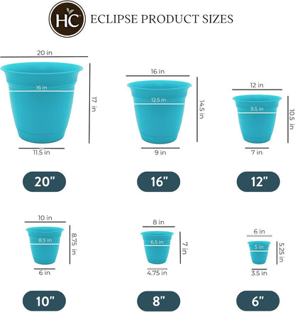 The HC Companies Eclipse Round Planter with Saucer - Outdoor & Indoor Plant Pot with Drainage Holes - Lightweight, UV-Resistant Plastic Pots for Plants, Flowers & Herbs (8" Teal, Pack of 6)