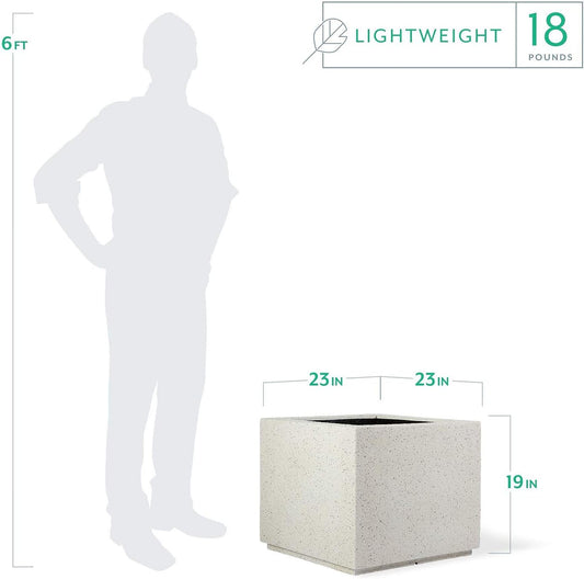 PolyStone Monterray Modern Outdoor/Indoor Square Planter, 23" L x 23" W x 19" H, Lightweight, Heavy Duty, Weather Resistant, Polymer Finish, Commercial Grade and Residential (White Granite)