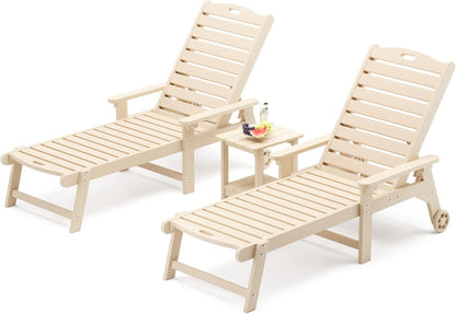 LUE BONA Chaise Lounge Chairs Set with Table, 3-Piece, 79'' Oversized HDPS Material, 5 Positions Adjustable Patio Lounge Chairs, Pool Lounge Chair with Wheels for Poolside, 3-Year Warranty, Sand