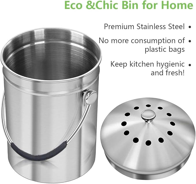 Compost Bin Countertop, Composter Bucket with Lid Abakoo 1.6 Gallon Stainless Steel Kitchen Waste Pail Plus 4pcs Bonus Charcoal Filters Clean & Odor Free