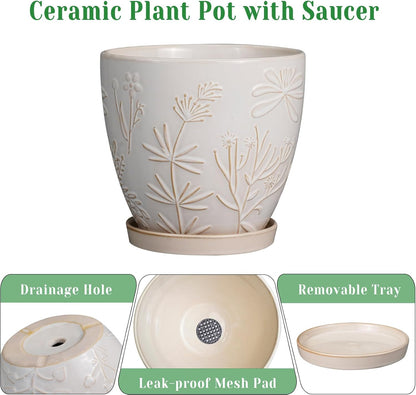 6.9 Inch Ceramic Plant Pot for Indoor Plants Outdoor Round Planter Flower Pot with Drainage Hole and Saucer for Home Garden Office Decor White
