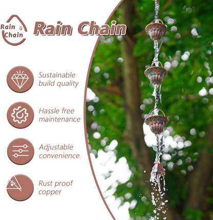 Rain Chain for Gutters, 8.7 Ft Rain Chains with 12 Cups & Detachable Hummingbird Decor, Adjustable Rain Catcher Chain with Bell for Eaves Drainage, Replacement for Downspout