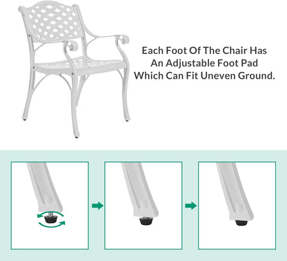 VIVIJASON 3-Piece Patio Furniture Dining Set, All-Weather Cast Aluminum Outdoor Bistro Set, Include 2 Dining Chairs and 31" Round Table w/ 2" Umbrella Hole for Balcony, Lawn, Garden, Backyard, White