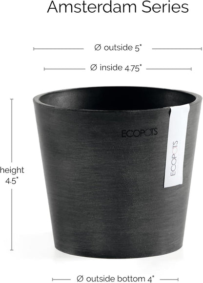 Ecopots Amsterdam Mini Durable Modern Round Recycled-Based Composite Flower Pot Planter, Dark Grey, 5"