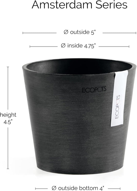 Ecopots Amsterdam Mini Durable Modern Round Recycled-Based Composite Flower Pot Planter, Dark Grey, 5"
