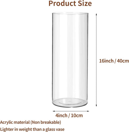 Clear Flower Vase, Non-breakable Vases, 4" W x 16" H, Acrylic Vase, Aesthetic Room Decor Cylindrical Modern Flower Vases for Table Centerpiece, Home Decor, Women Floral Arrangement Gift