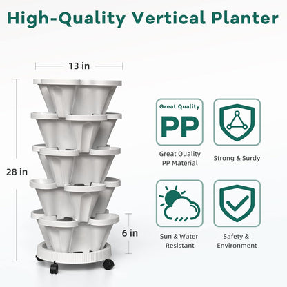 Strawberry Vertical Planter, 5 Tiered Stacking Garden Tower, Stackable Herb Vegetable Planters with Support Pole Indoor and Outdoor - White